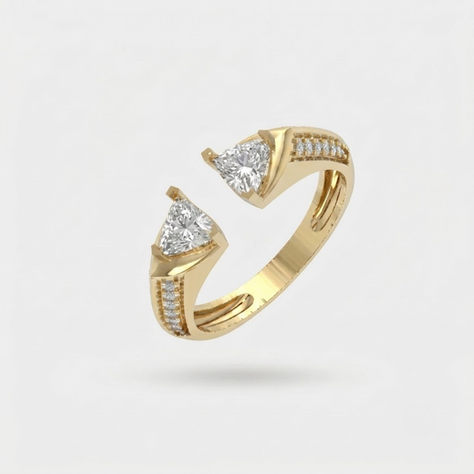 Elegant open triangle moissanite ring featuring two brilliant trillion-cut moissanite stones in a modern bypass open-band design with pavé-set accents on a polished white gold vermeil band, perfect for engagement, promise, stacking, or everyday luxury wear.