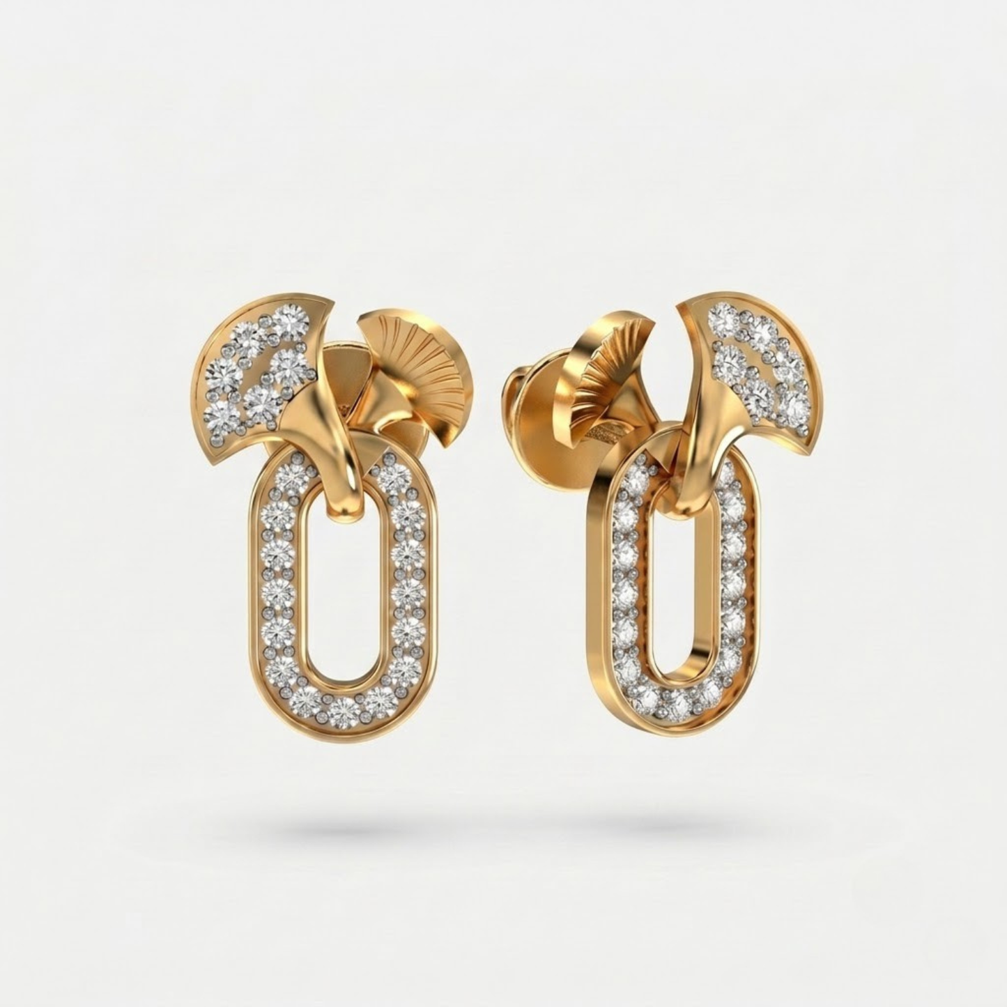 Motif Diamond Stud Earrings with Pave Oval Drop