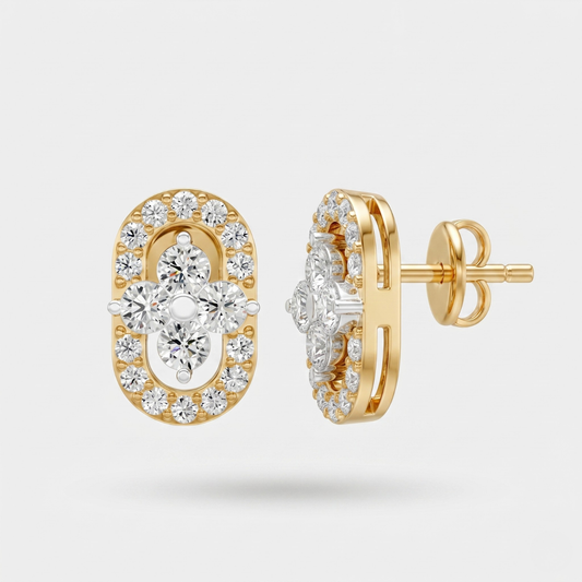 A pair of gold and diamond stud earrings, showing both the front view with a floral diamond cluster and the side profile with the post and butterfly back, on a light gray background.
