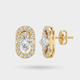 A pair of gold and diamond stud earrings, showing both the front view with a floral diamond cluster and the side profile with the post and butterfly back, on a light gray background.