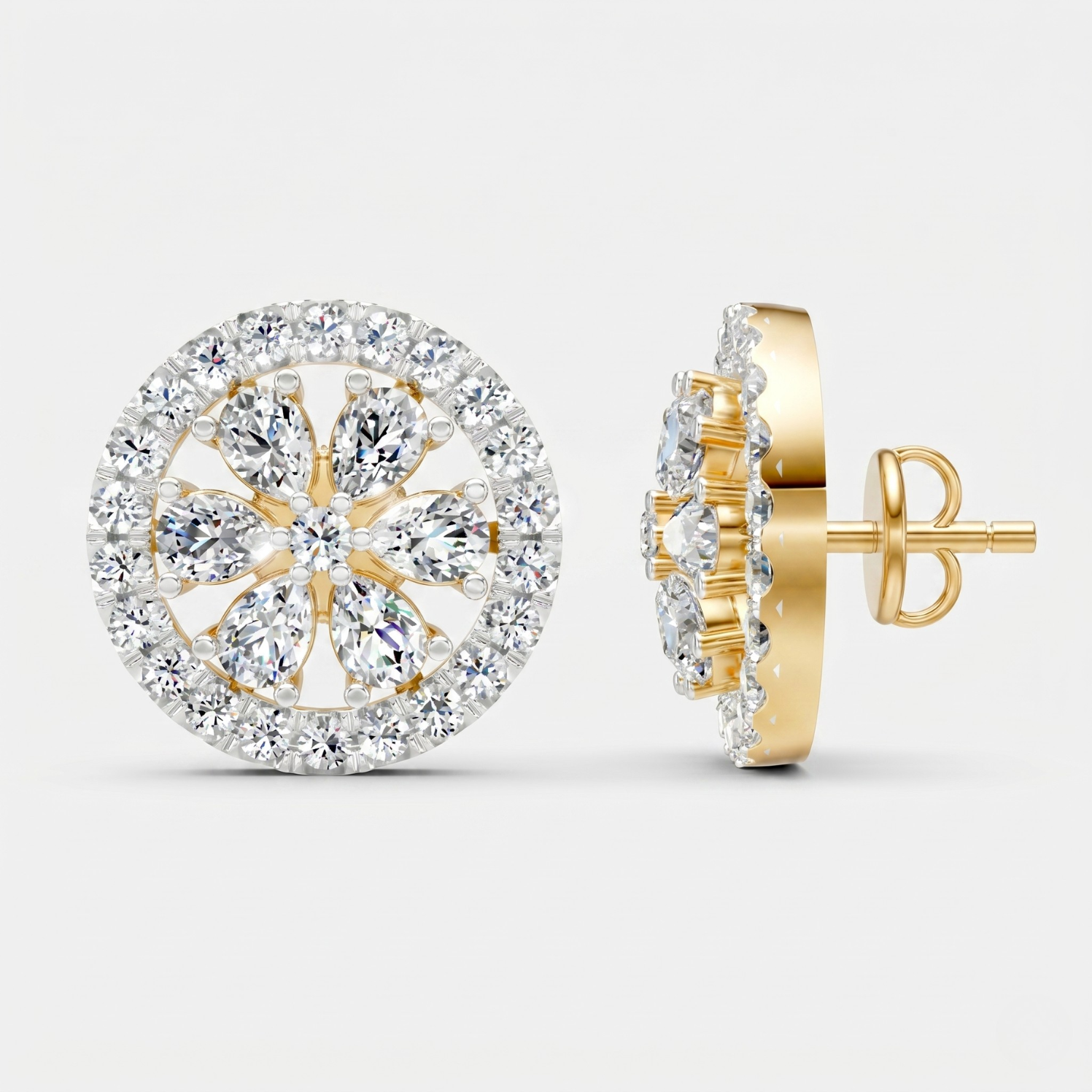 A pair of gold and diamond stud earrings shown on a light gray background, with one earring facing forward to display the floral halo design and the other in side profile showing the post and backing.