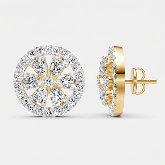 A pair of gold and diamond stud earrings shown on a light gray background, with one earring facing forward to display the floral halo design and the other in side profile showing the post and backing.