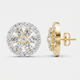 A pair of gold and diamond stud earrings shown on a light gray background, with one earring facing forward to display the floral halo design and the other in side profile showing the post and backing.