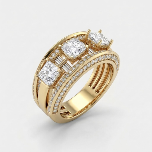 Vintage-inspired three stone moissanite ring featuring three princess-cut center stones, baguette side accents, pavé-set diamonds, milgrain detailing, and a split shank band crafted in 18K gold vermeil.