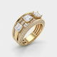 Vintage-inspired three stone moissanite ring featuring three princess-cut center stones, baguette side accents, pavé-set diamonds, milgrain detailing, and a split shank band crafted in 18K gold vermeil.