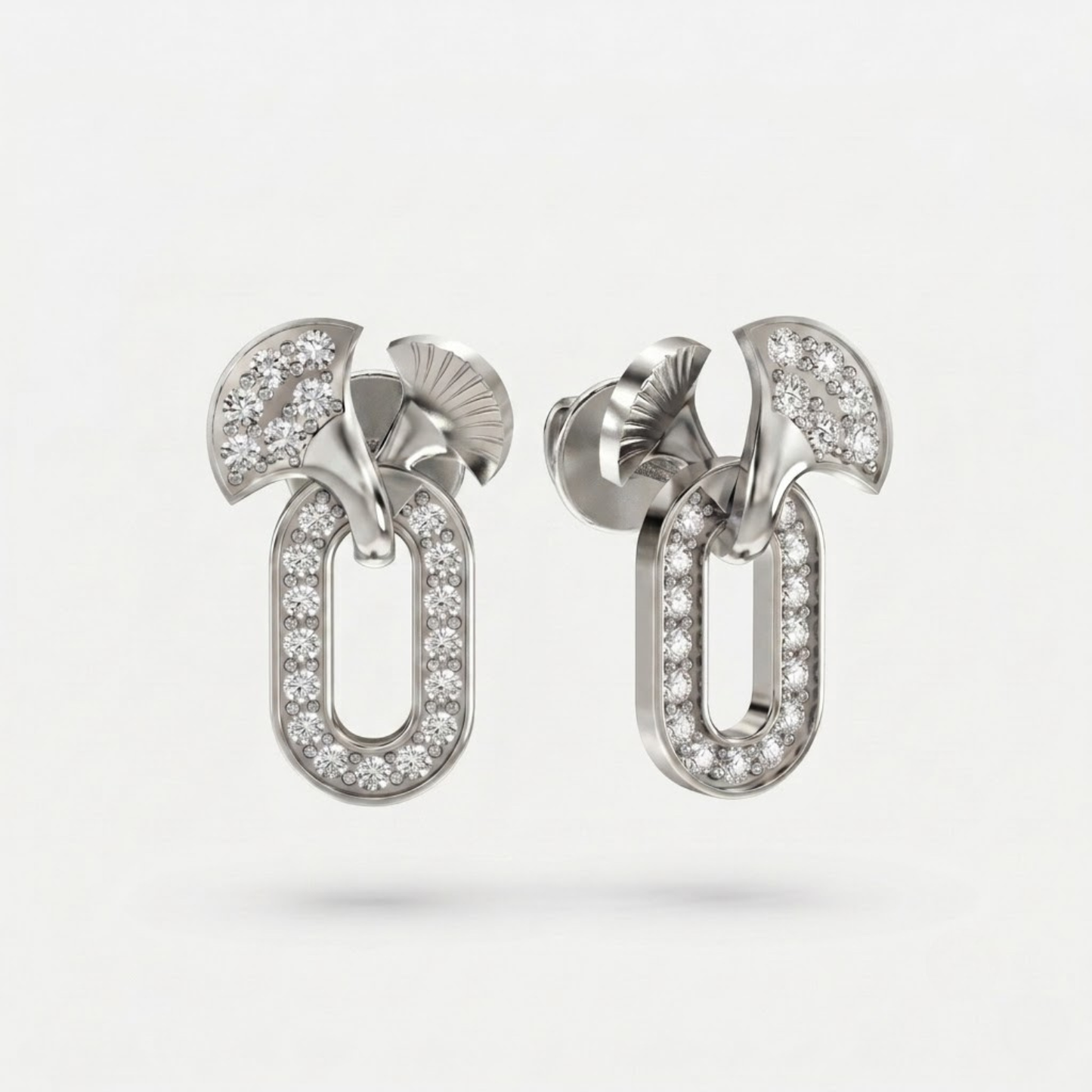 Motif Diamond Stud Earrings with Pave Oval Drop