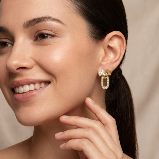 Motif Diamond Stud Earrings with Pave Oval Drop