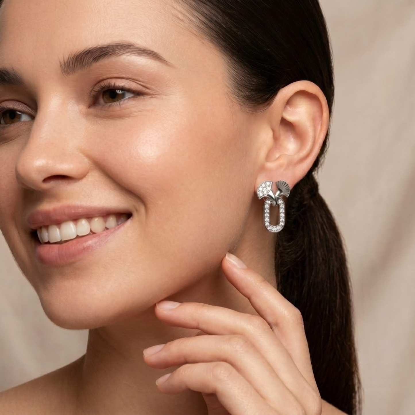 Motif Diamond Stud Earrings with Pave Oval Drop