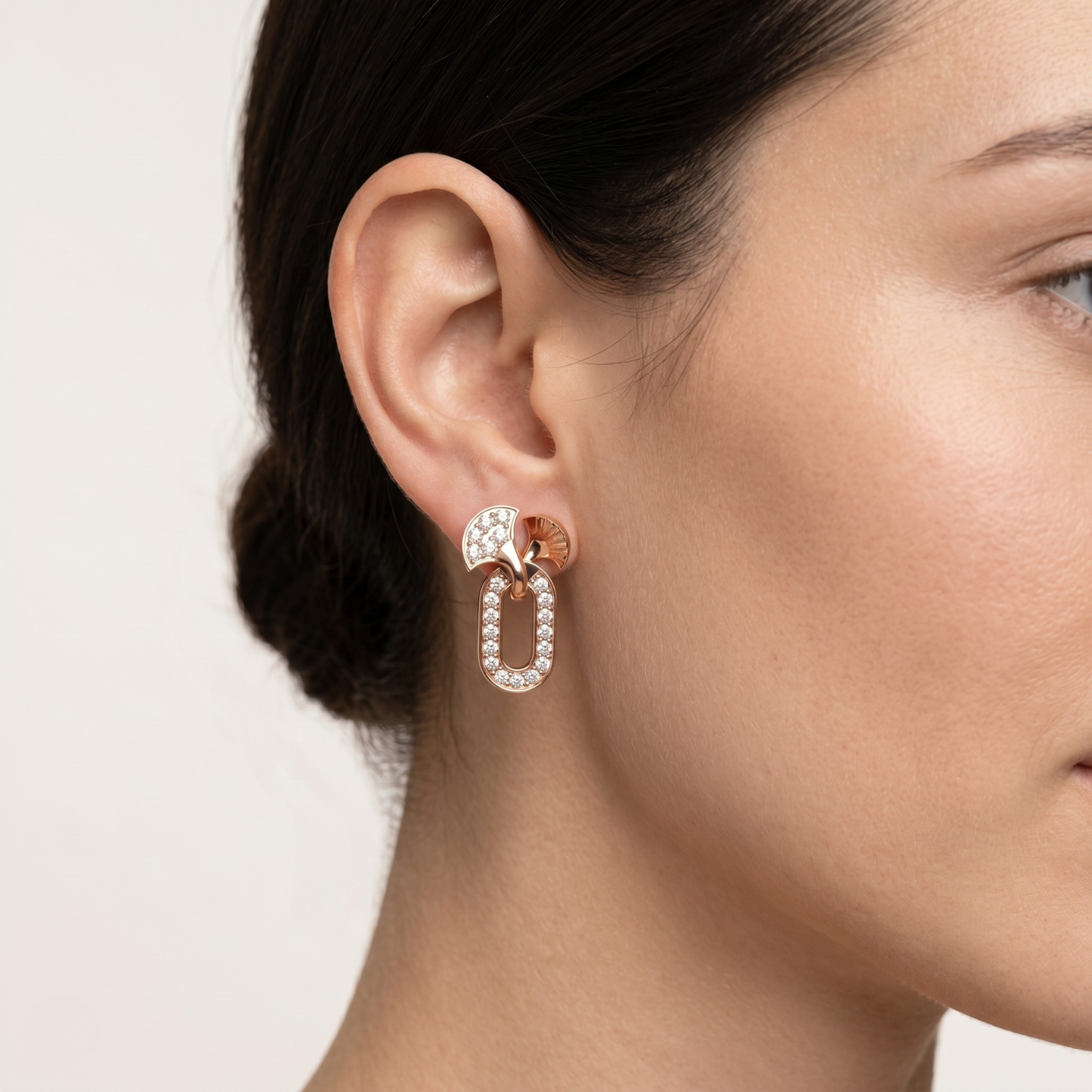 Motif Diamond Stud Earrings with Pave Oval Drop