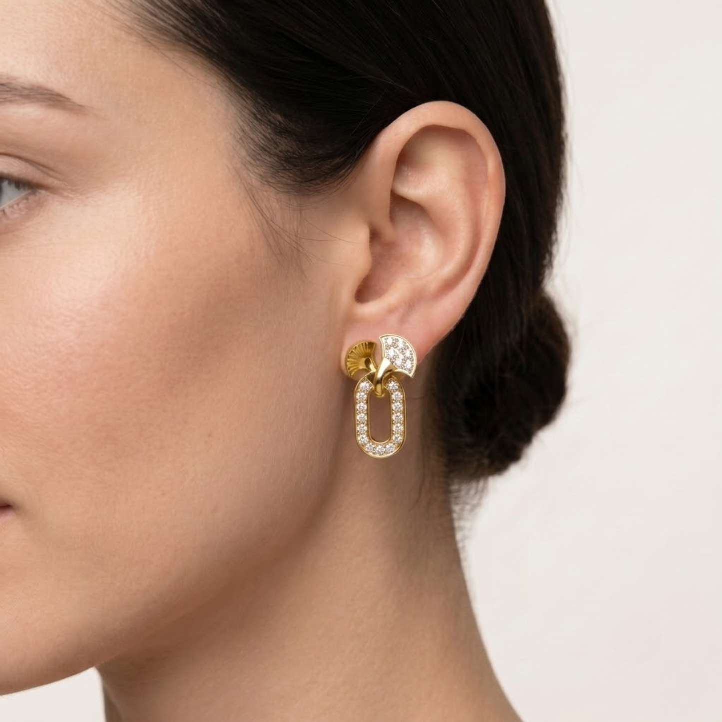 Motif Diamond Stud Earrings with Pave Oval Drop