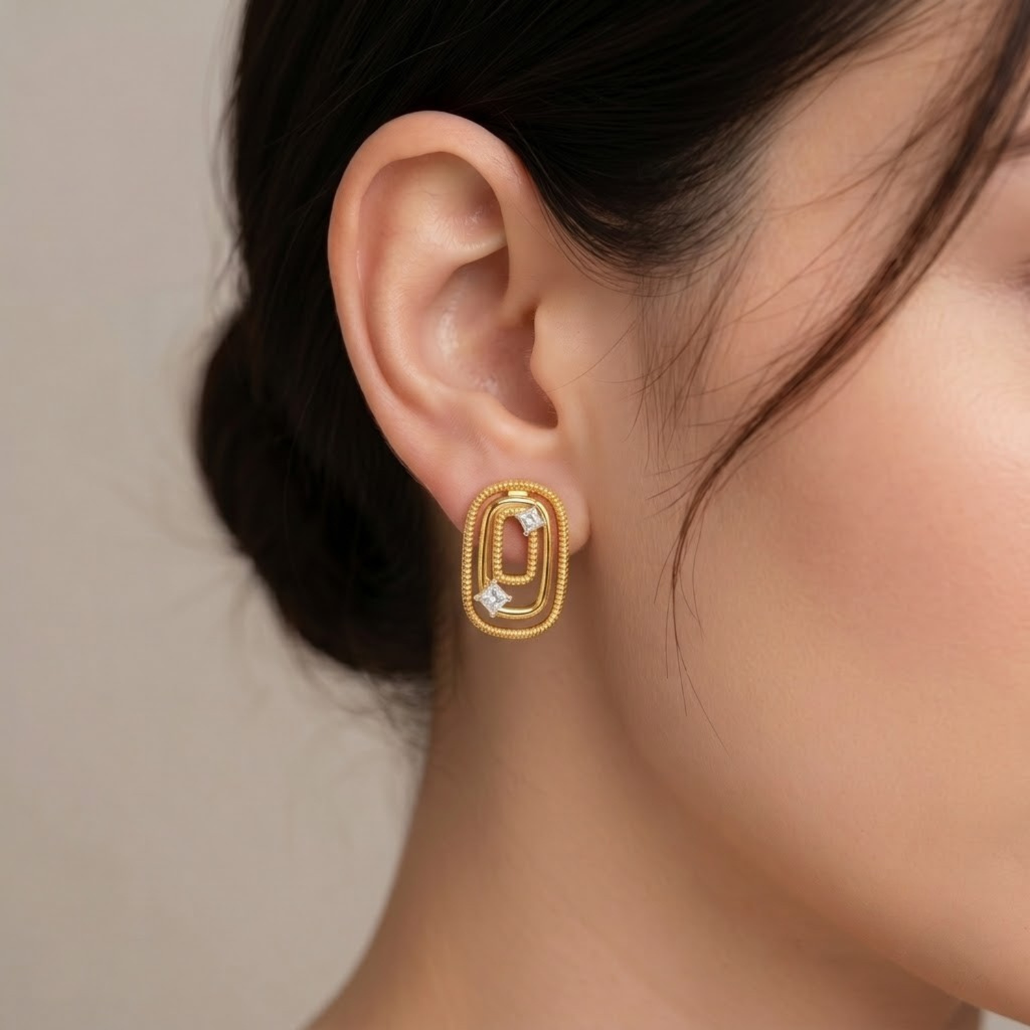 Textured Double Oval Shape Diamond Accent Earrings