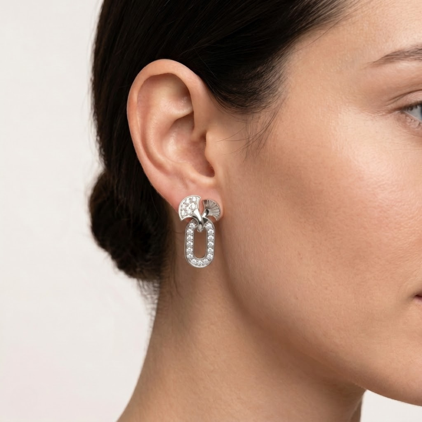 Motif Diamond Stud Earrings with Pave Oval Drop