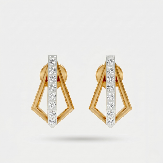 A pair of geometric gold and white gold hoop earrings with clear pavé-set round diamonds, shown on a light gray background.
