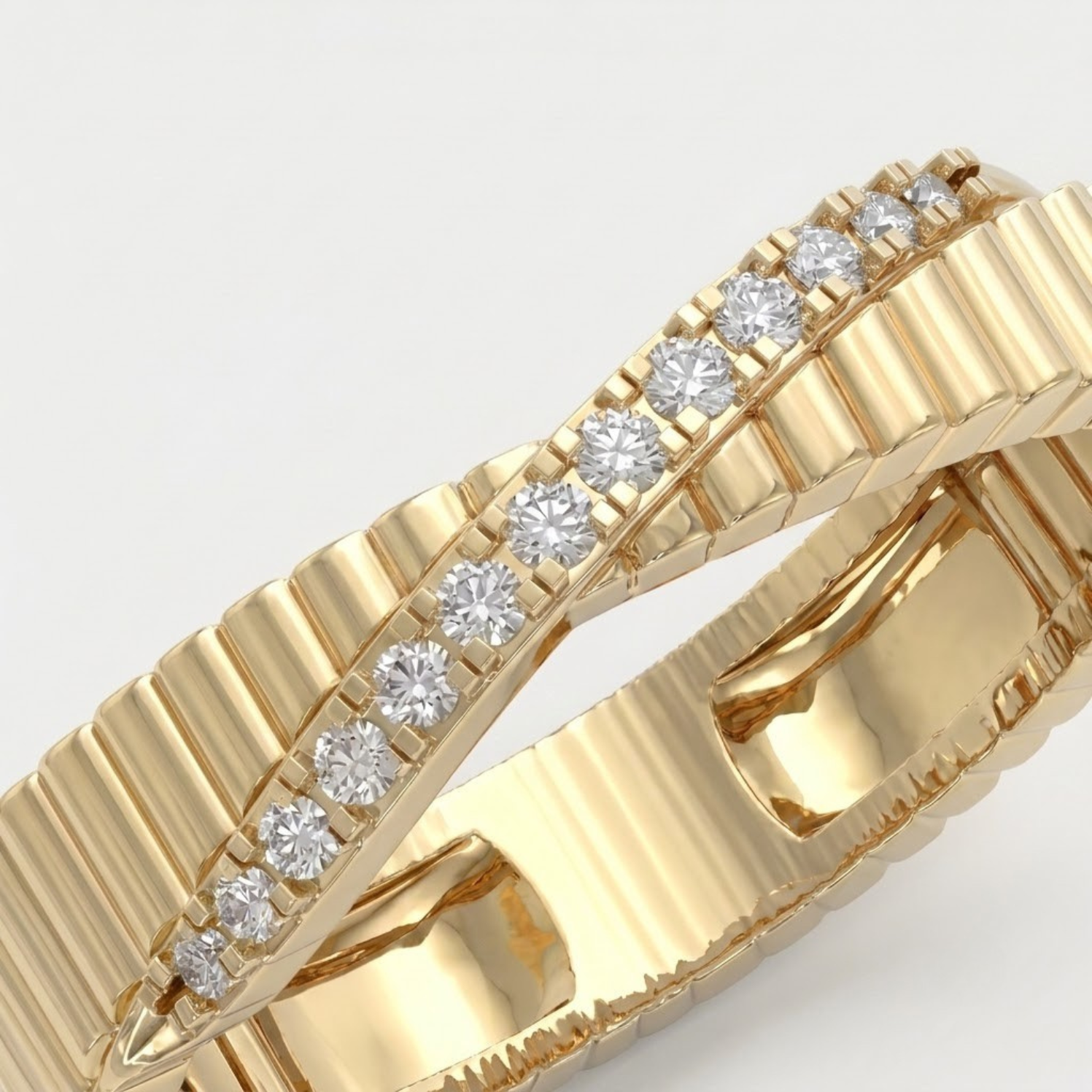 Elegant textured moissanite crossover ring with a ribbed white gold vermeil band featuring a sparkling channel of pavé-set moissanite stones. This modern minimalist statement ring combines geometric texture with refined brilliance, making it perfect for weddings, anniversaries, stacking, everyday wear, or gifting. Crafted with premium moissanite for exceptional fire and lasting elegance.