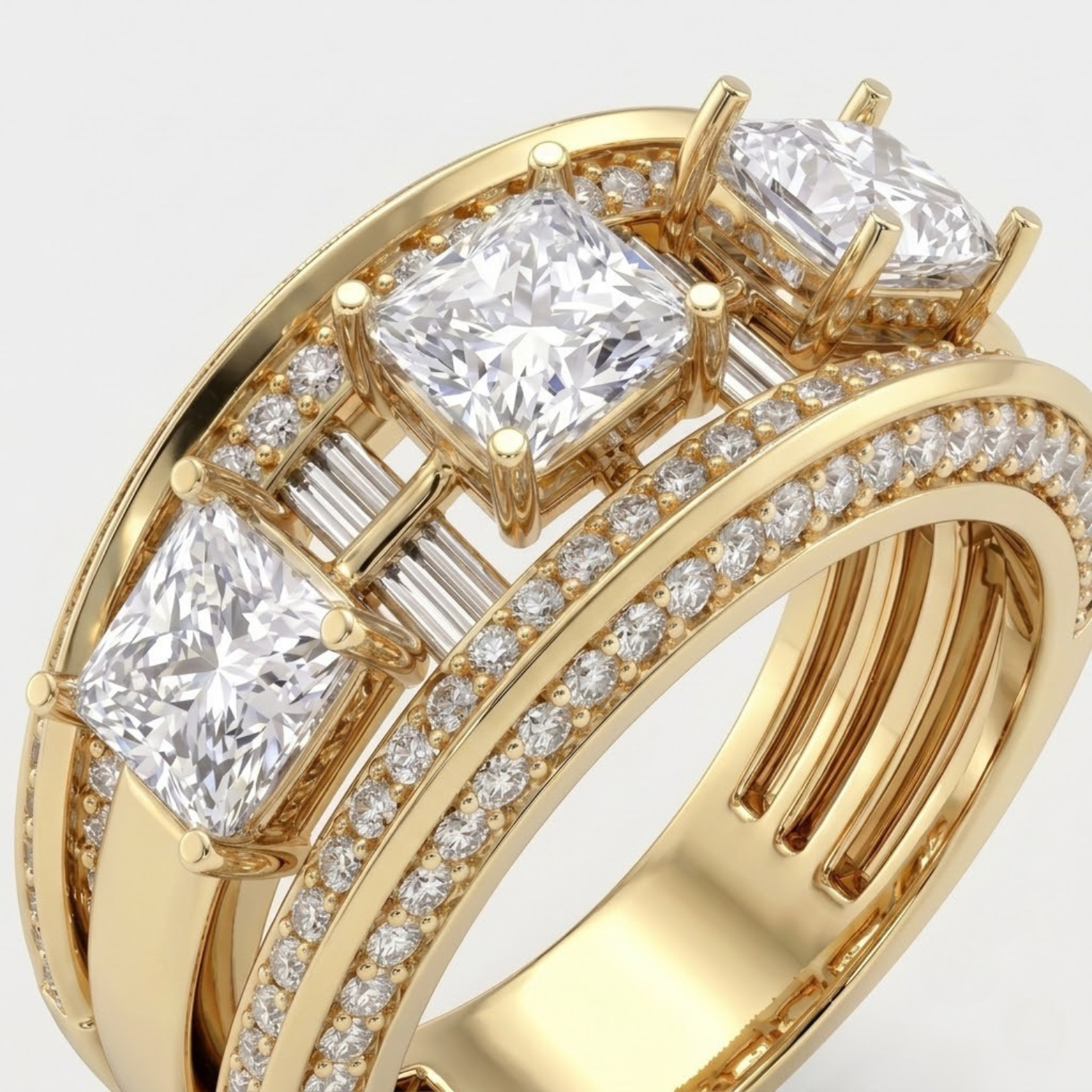 Elegant moissanite engagement ring featuring three princess-cut stones, split shank band, and sparkling pavé accents.