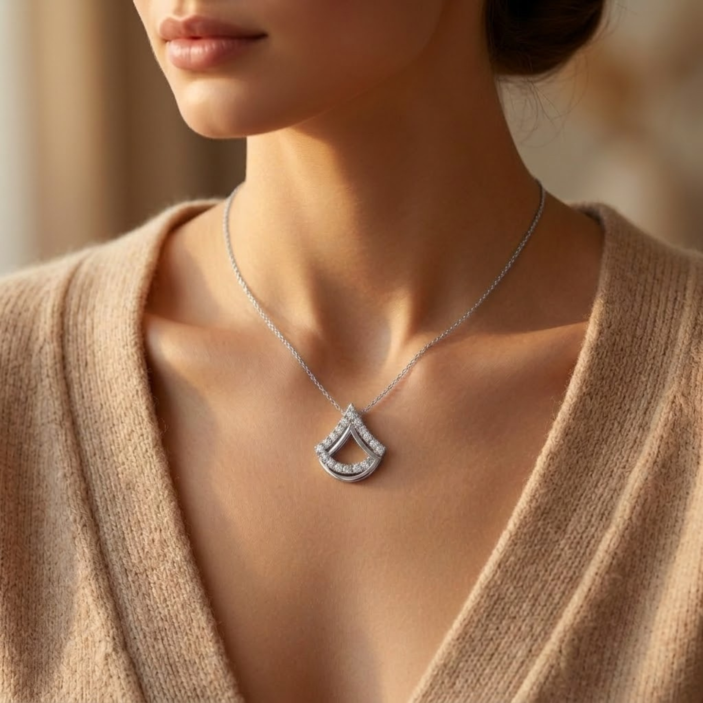 Geometric Fan-Motif Diamond Necklace
