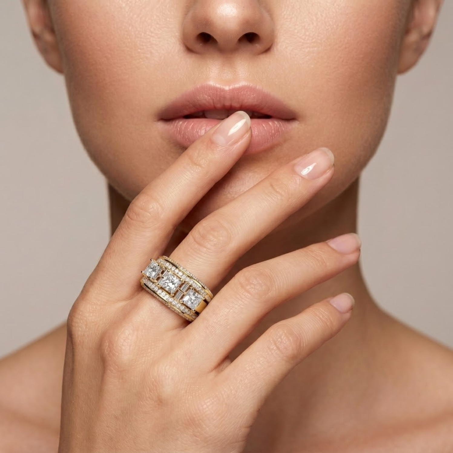 Luxury three stone moissanite ring with intricate milgrain detailing and pavé-set accent stones.