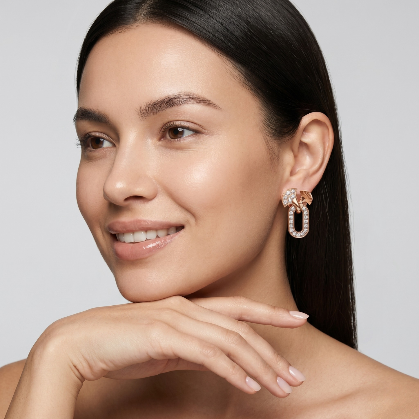 Motif Diamond Stud Earrings with Pave Oval Drop