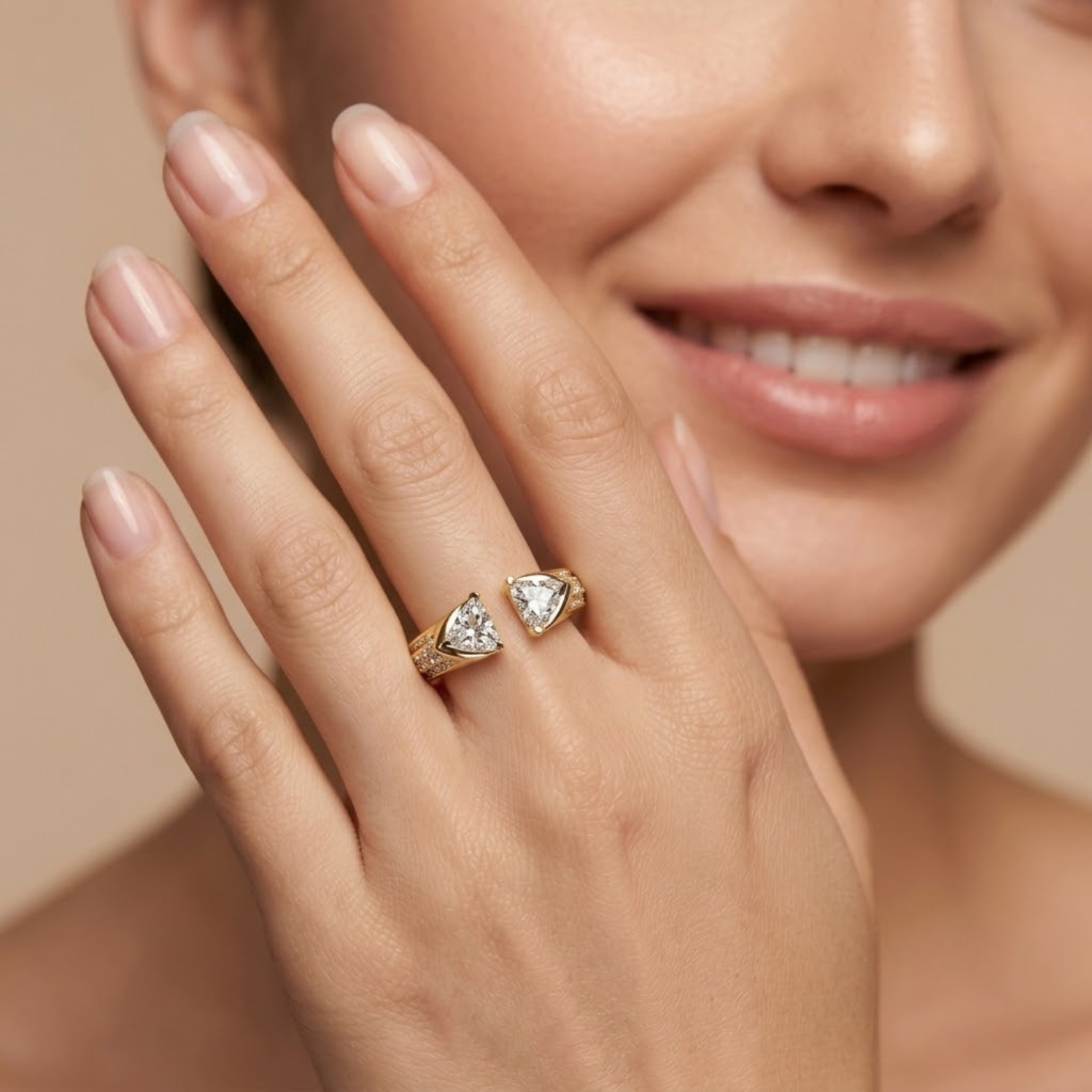 Elegant open triangle moissanite ring featuring two brilliant trillion-cut moissanite stones in a modern bypass open-band design with pavé-set accents on a polished white gold vermeil band, perfect for engagement, promise, stacking, or everyday luxury wear.